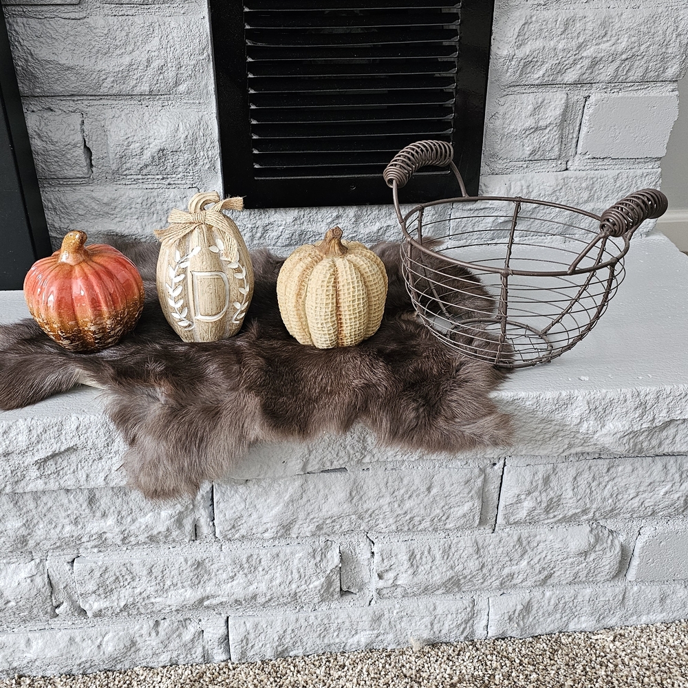 Decorative Pumpkins, Wire Basket And Rabbit Fur Decor